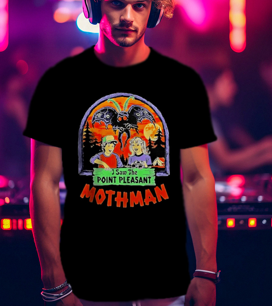 I Saw The Point Pleasant Mothman With Kids And Binoculars In Forest Scene T-Shirt