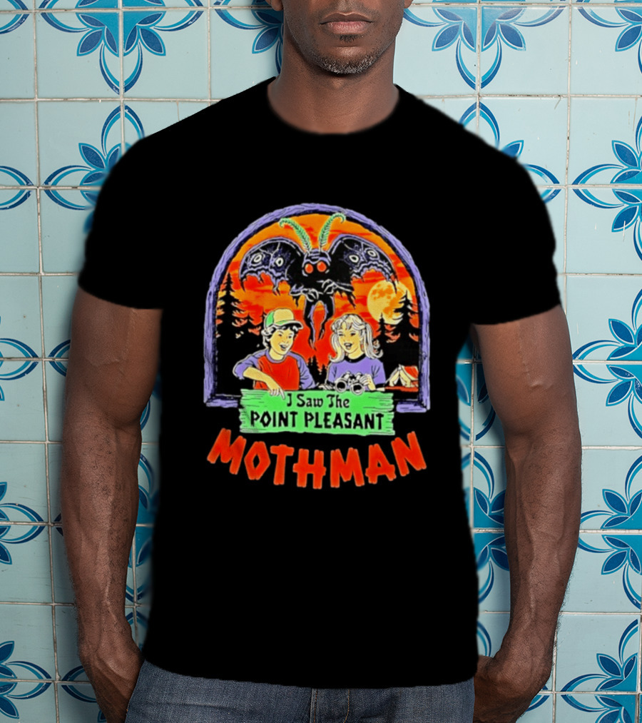 I Saw The Point Pleasant Mothman With Kids And Binoculars In Forest Scene T-Shirt