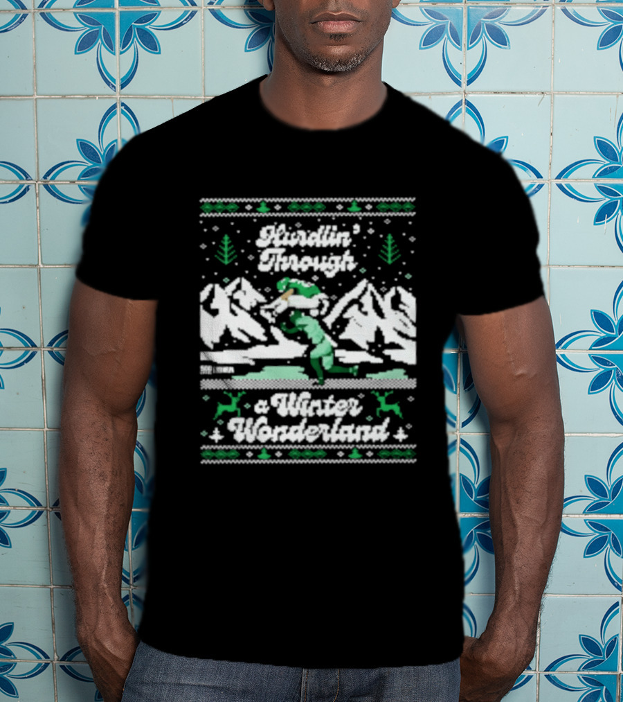 Saquon Barkley Hurdling Through A Winter Wonderland Philadelphia Christmas Ugly T-Shirt