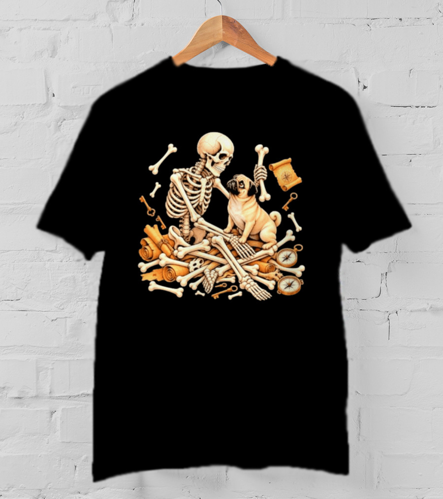 Skeleton And Pug With Bones And Scrolls Halloween Adventure T-Shirt