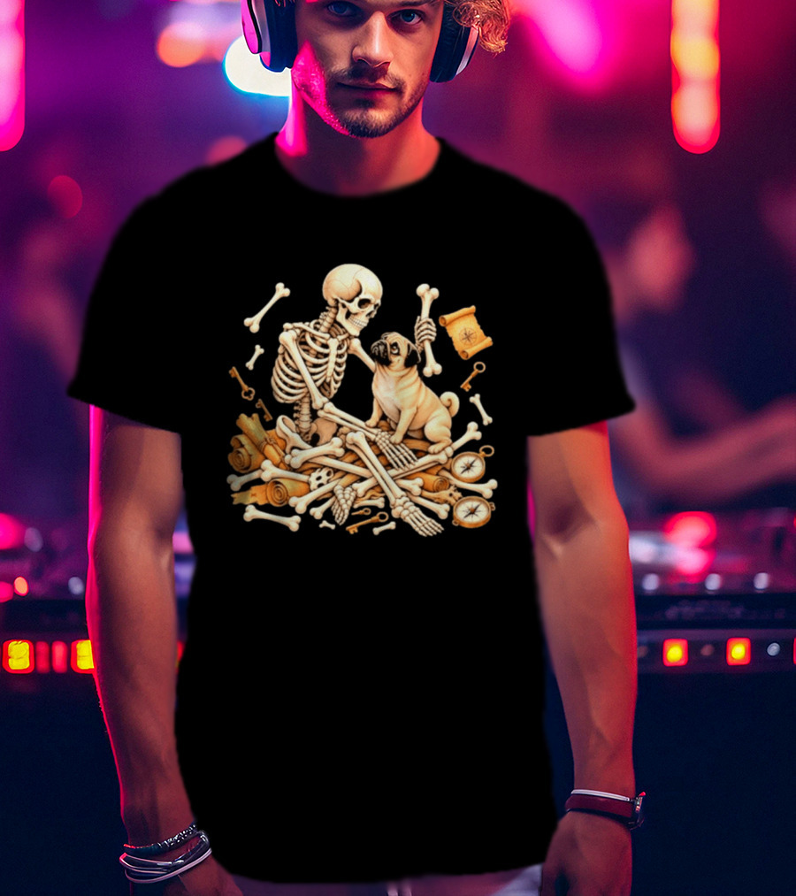 Skeleton And Pug With Bones And Scrolls Halloween Adventure T-Shirt