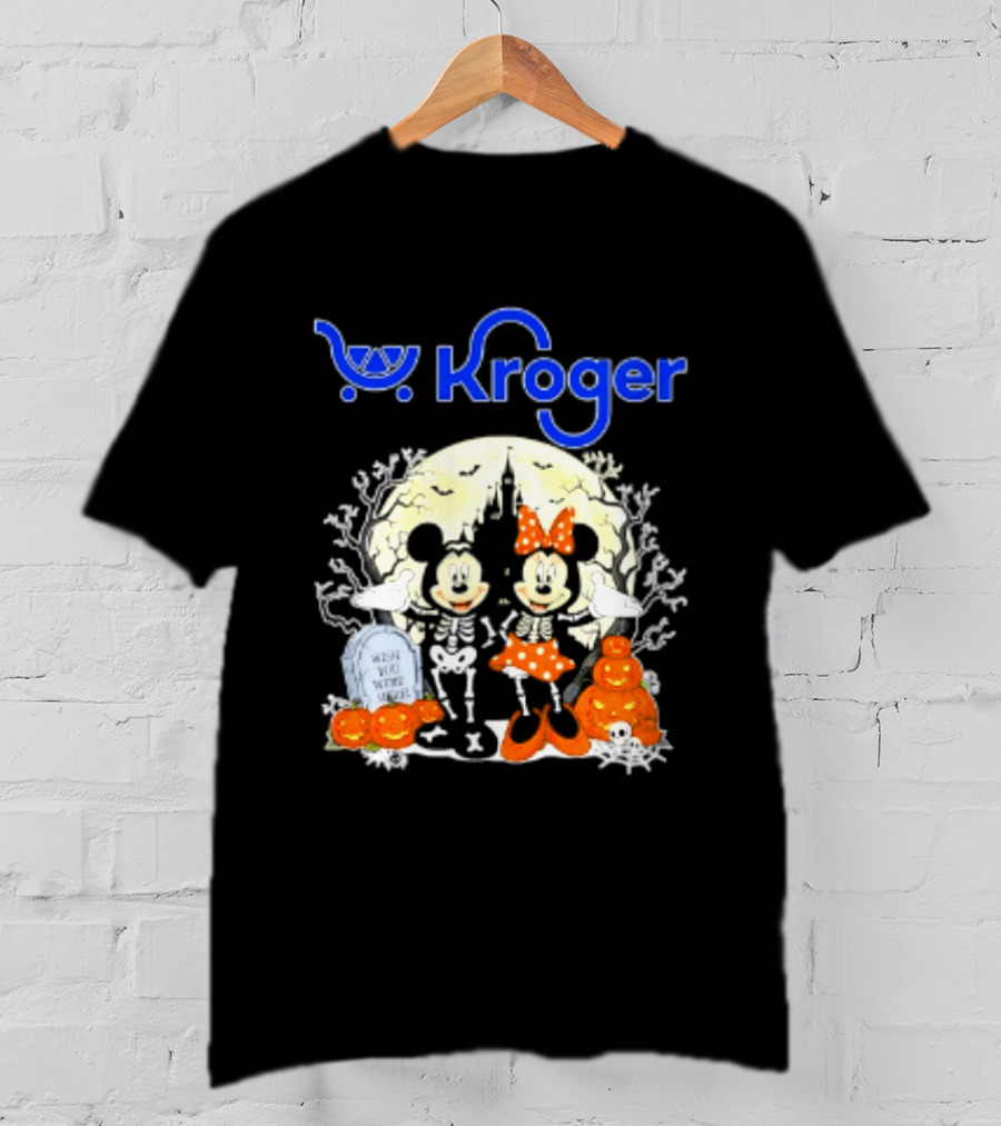 Kroger Mickey And Minnie Mouse Skeleton Halloween Pumpkins And Gravestone T-Shirt