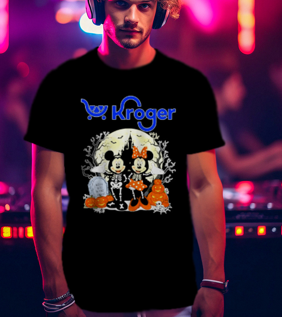 Kroger Mickey And Minnie Mouse Skeleton Halloween Pumpkins And Gravestone T-Shirt