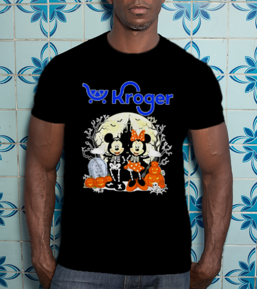 Kroger Mickey And Minnie Mouse Skeleton Halloween Pumpkins And Gravestone T-Shirt
