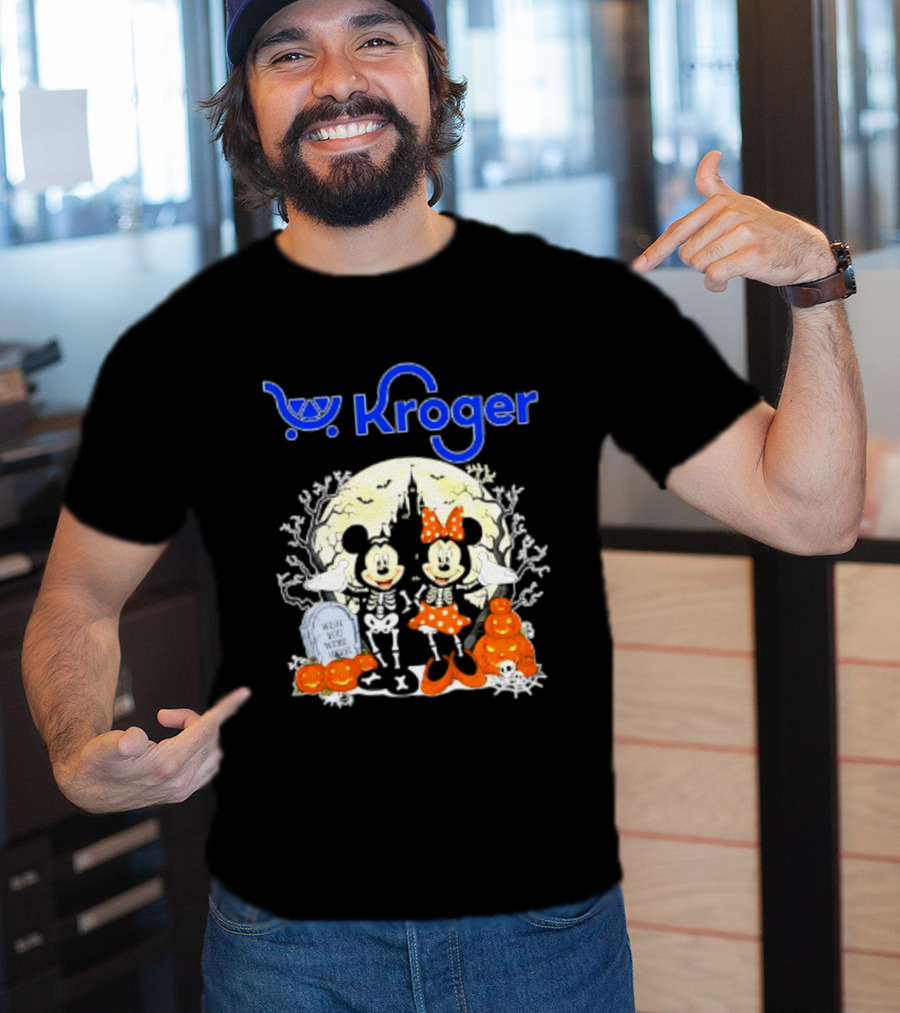 Kroger Mickey And Minnie Mouse Skeleton Halloween Pumpkins And Gravestone T-Shirt