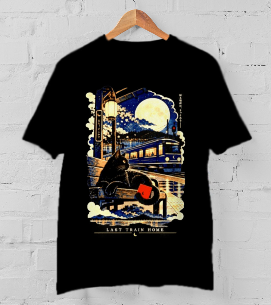 Last Train Home Black Cat Under Moonlit Sky Japanese Aesthetic T-Shirt