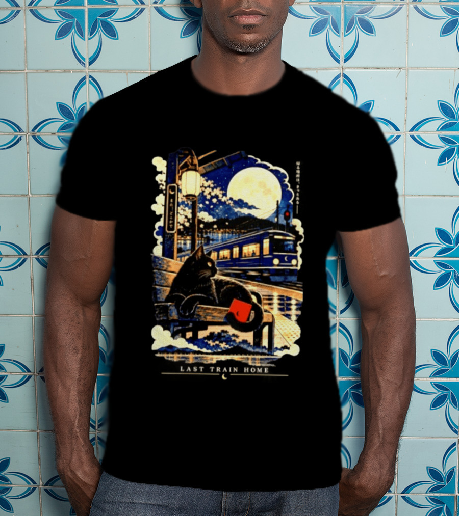 Last Train Home Black Cat Under Moonlit Sky Japanese Aesthetic T-Shirt