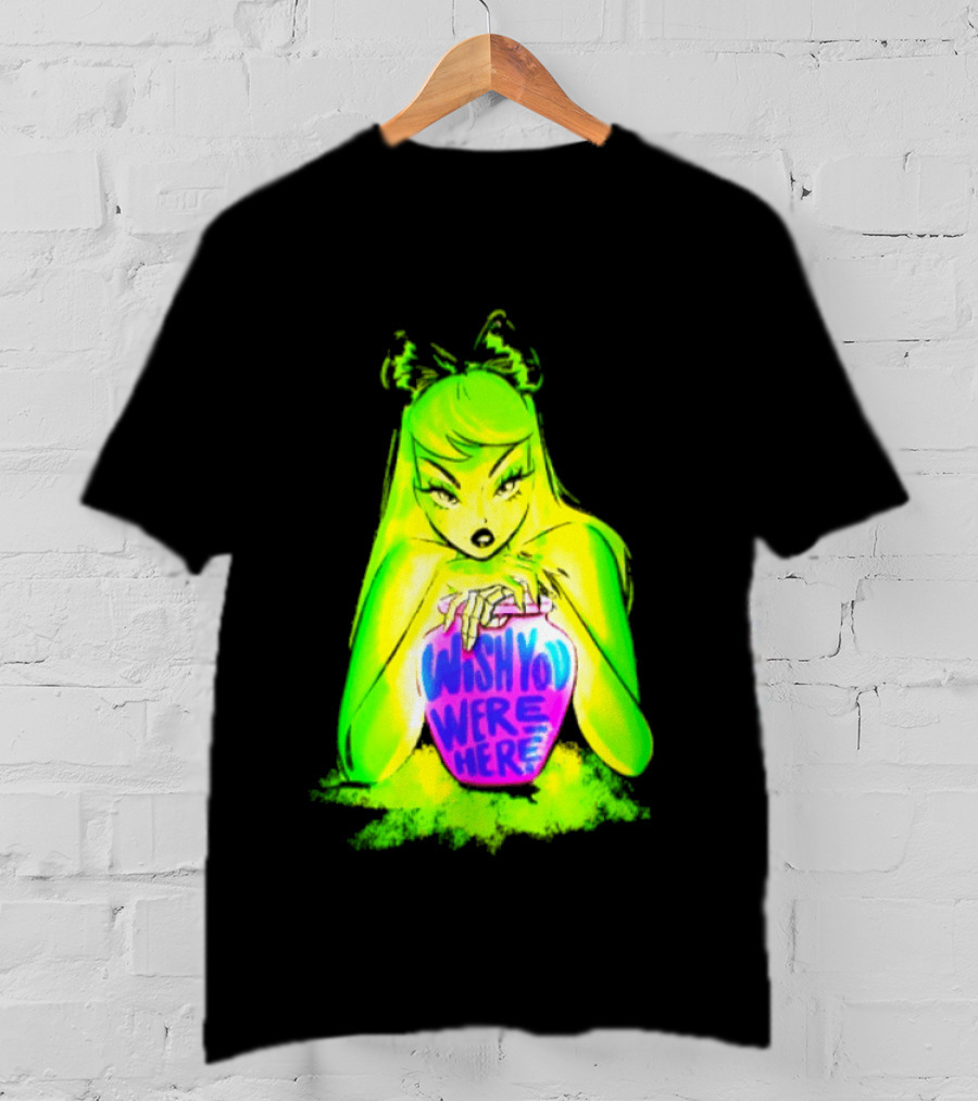Wish You Were Here Skeleton Urn Goth Spooky Green Yellow Pink Ghostly Aesthetic T-Shirt