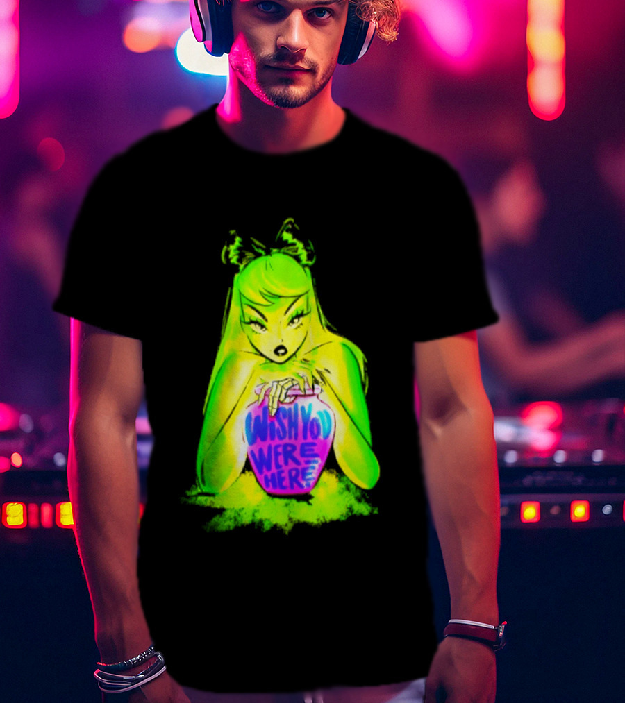 Wish You Were Here Skeleton Urn Goth Spooky Green Yellow Pink Ghostly Aesthetic T-Shirt
