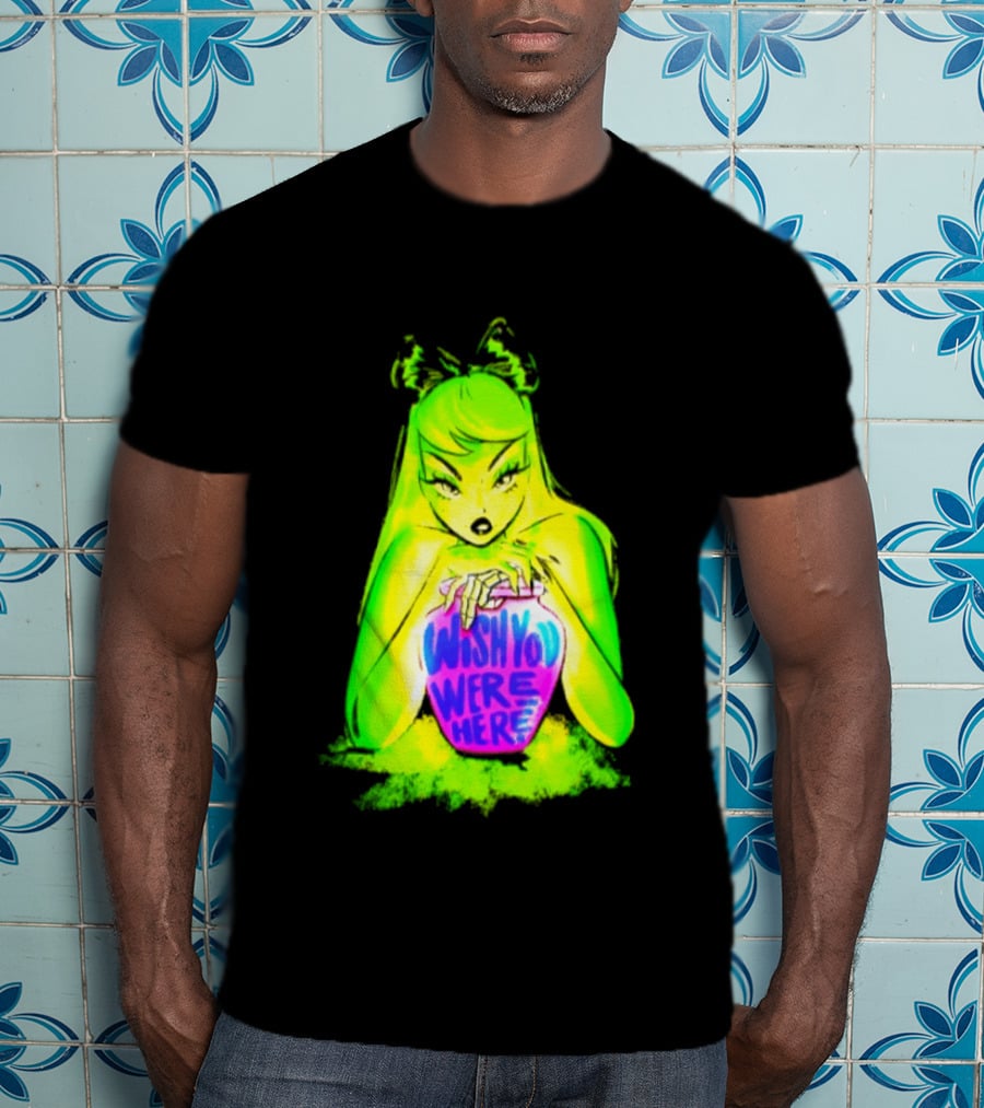 Wish You Were Here Skeleton Urn Goth Spooky Green Yellow Pink Ghostly Aesthetic T-Shirt