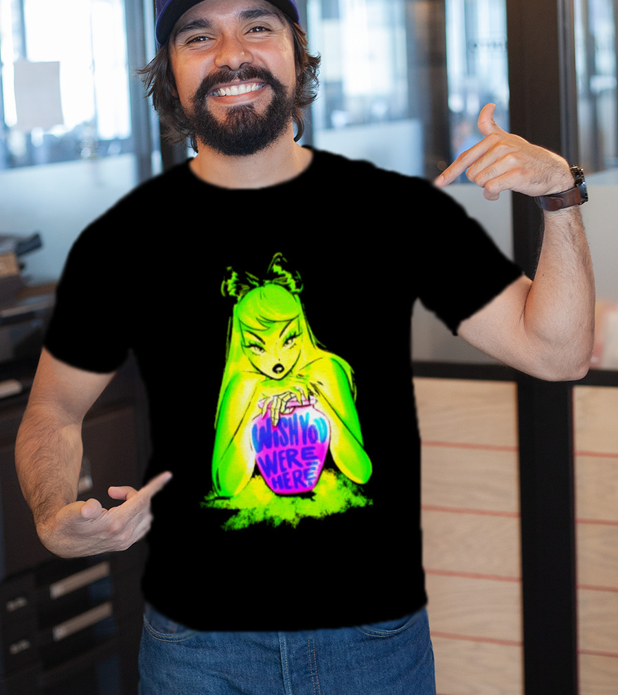 Wish You Were Here Skeleton Urn Goth Spooky Green Yellow Pink Ghostly Aesthetic T-Shirt