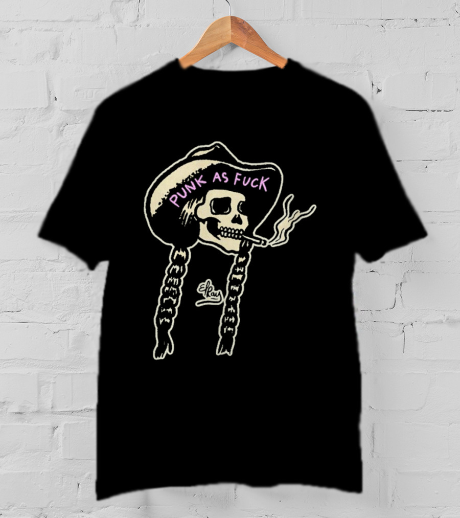 Punk As Fuck Skeleton Smoking Cowboy Hat Braids T-Shirt