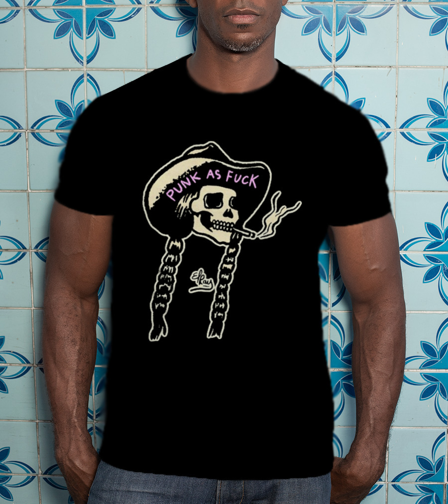 Punk As Fuck Skeleton Smoking Cowboy Hat Braids T-Shirt