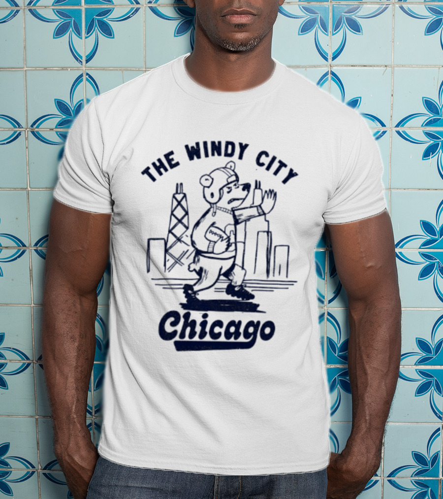 Chicago Bears The Windy City Football Character And Skyline T-Shirt