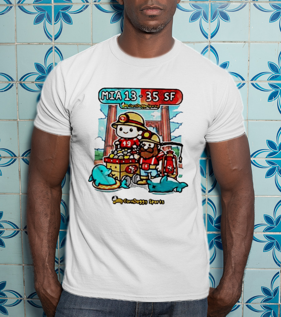 CornDoggy Sports MIA 13 Vs 35 SF Dolphins 49ers Gold Miners Cartoon T-Shirt