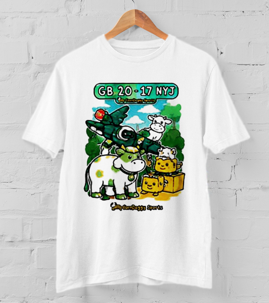 GB 20 17 NYJ Green Bay Football Green Cow Jet Cartoon Game Day T-Shirt