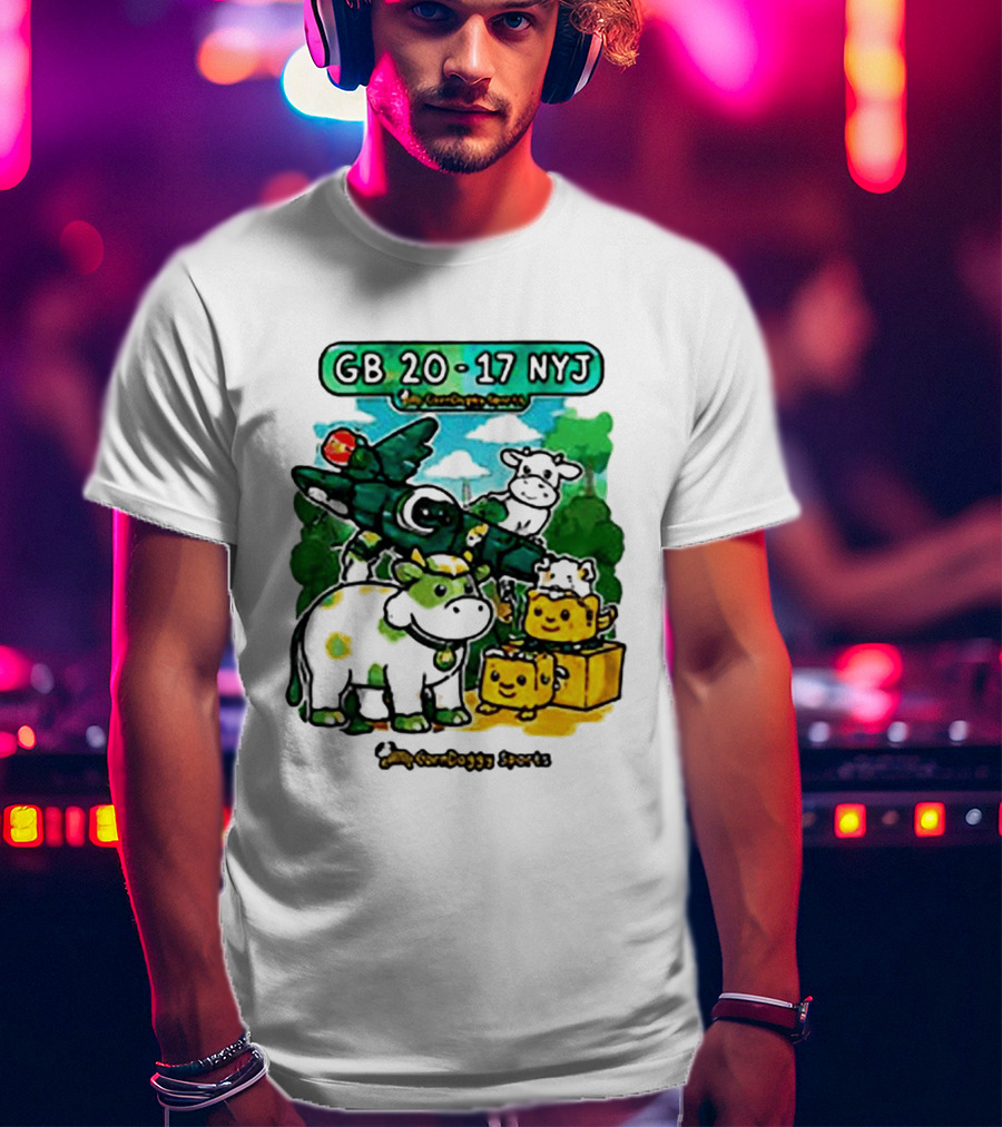 GB 20 17 NYJ Green Bay Football Green Cow Jet Cartoon Game Day T-Shirt