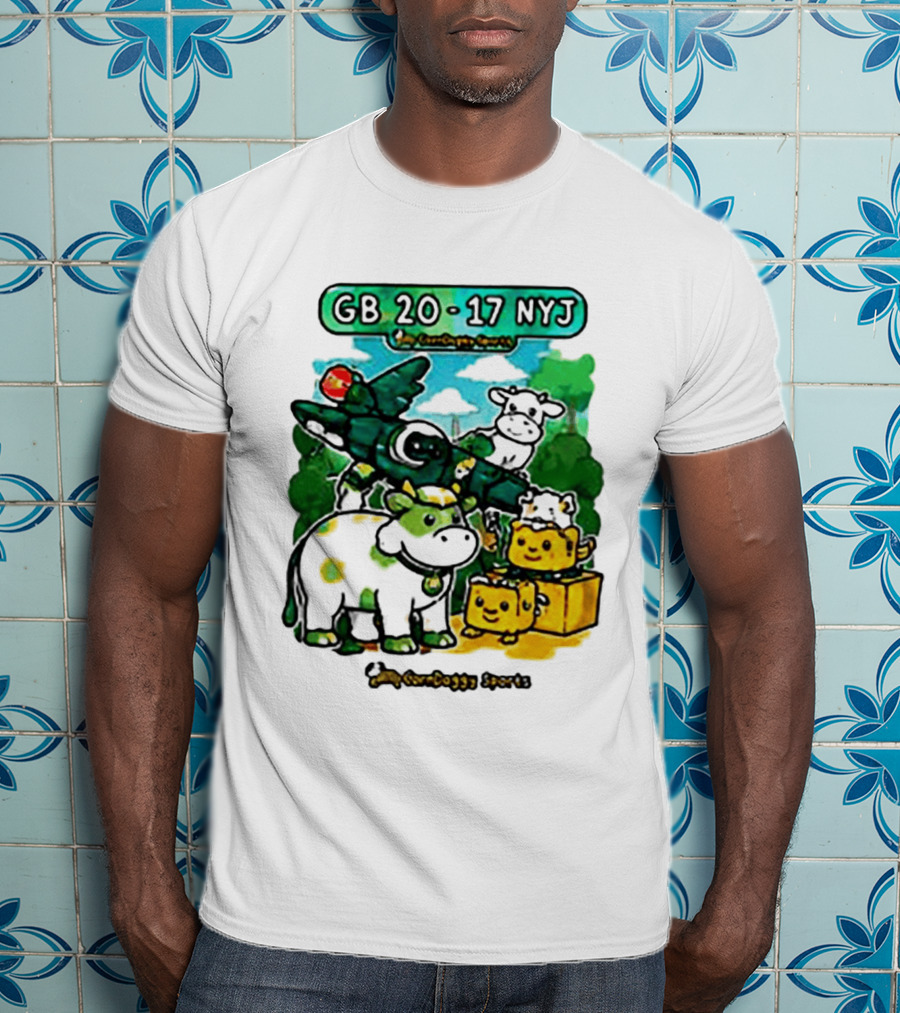 GB 20 17 NYJ Green Bay Football Green Cow Jet Cartoon Game Day T-Shirt