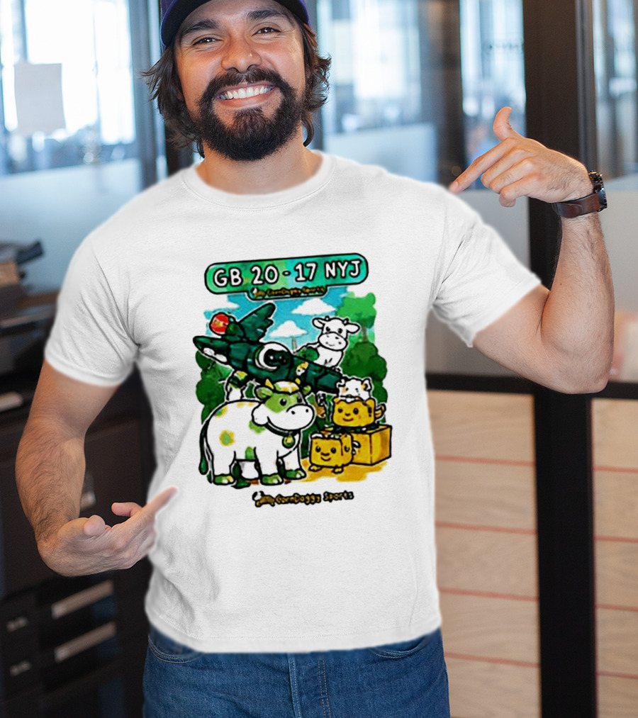 GB 20 17 NYJ Green Bay Football Green Cow Jet Cartoon Game Day T-Shirt