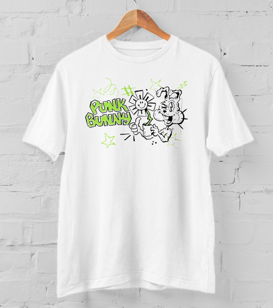 Punk Bunny Green Day Coffee Flower Light Blue T-Shirt