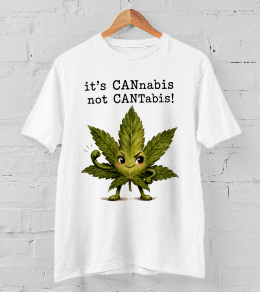Cannabis Leaf Character It's CANnabis Not CANtabis Winking Cartoon T-Shirt