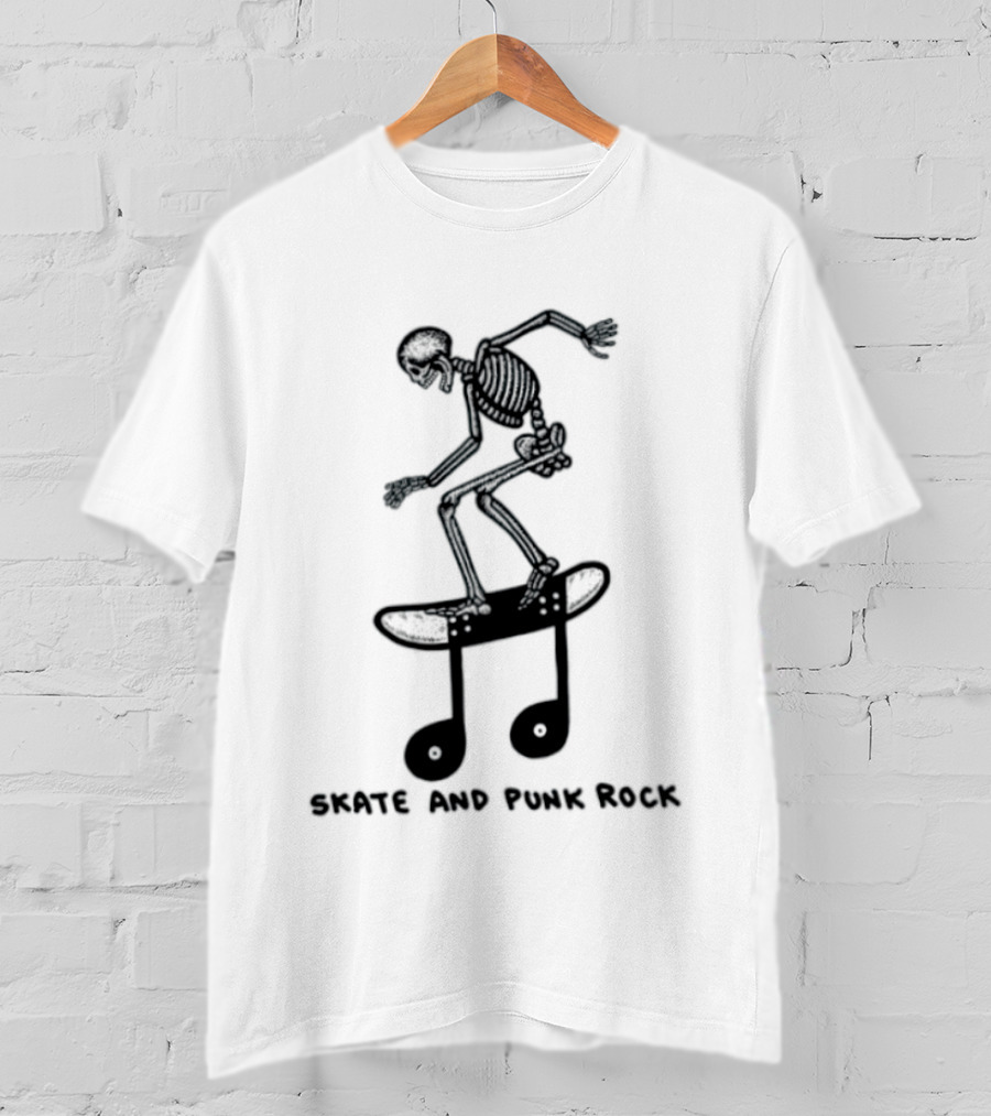 Skeleton Skater On Music Note Skateboard Punk Rock T-Shirt