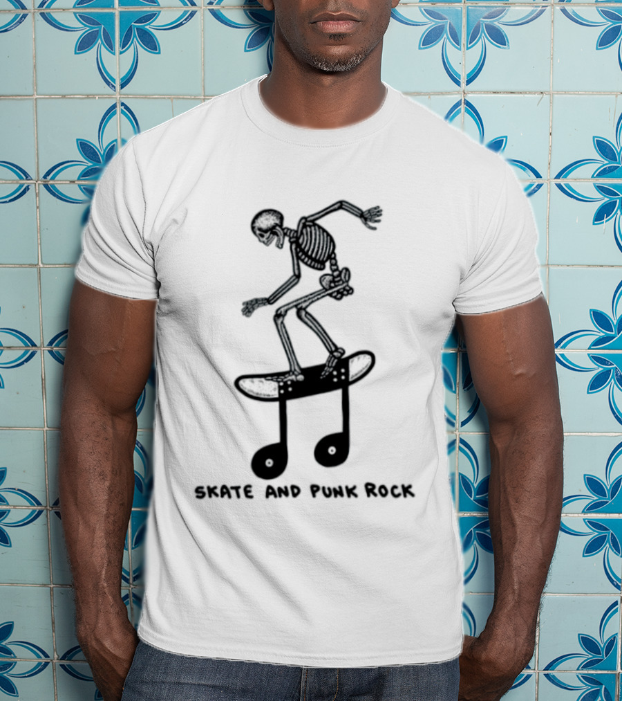 Skeleton Skater On Music Note Skateboard Punk Rock T-Shirt