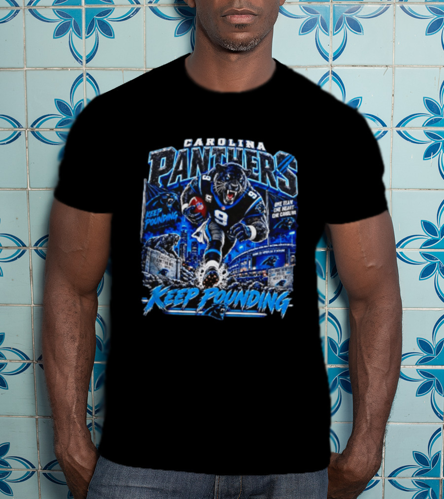 Carolina Panthers Keep Pounding One Team One Heart One Carolina Panthers 9 Football Player City Skyline T-Shirt
