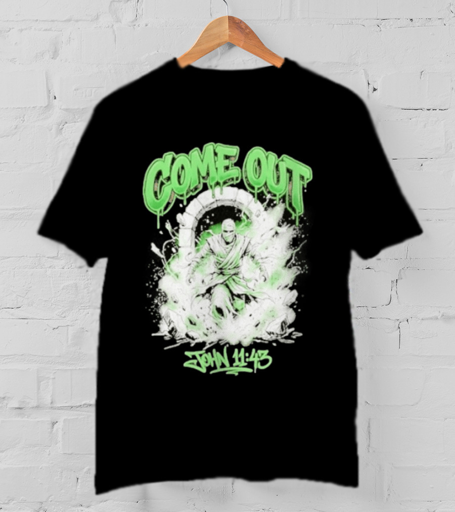 Come Out John 11 43 Mummy Bible Verse Green Drip T-Shirt
