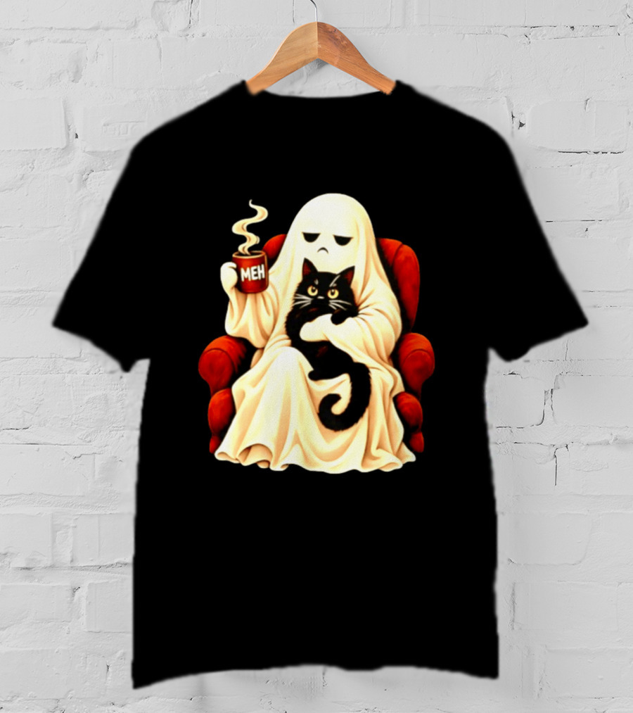 Ghost And Black Cat On Red Chair With Meh Coffee T-Shirt