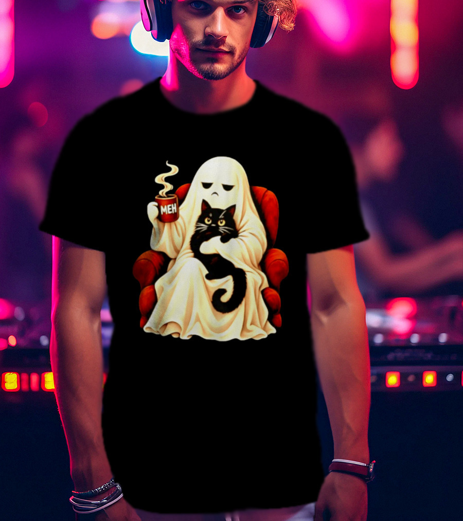 Ghost And Black Cat On Red Chair With Meh Coffee T-Shirt