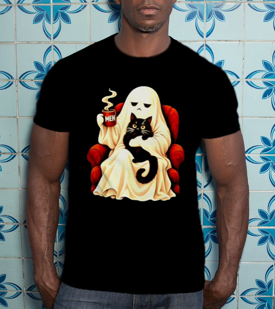 Ghost And Black Cat On Red Chair With Meh Coffee T-Shirt