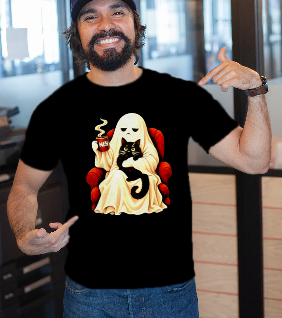Ghost And Black Cat On Red Chair With Meh Coffee T-Shirt