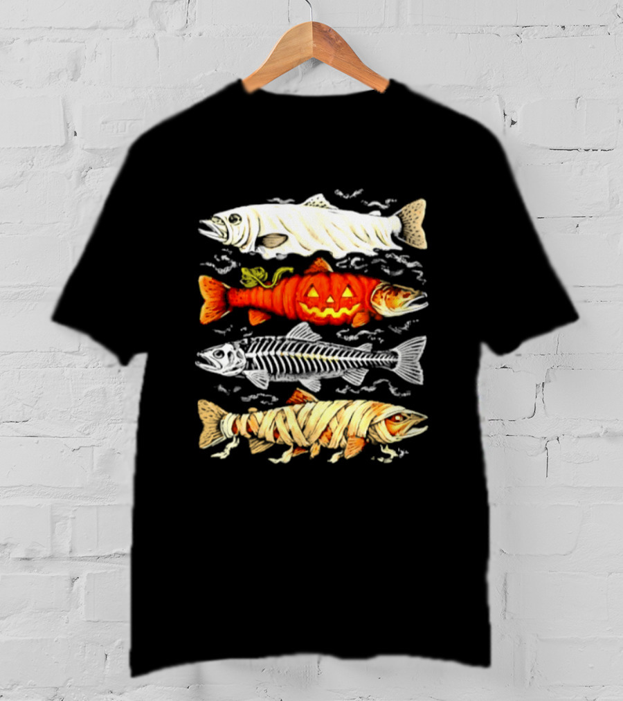 Halloween Pumpkin Mummy Fish Skeleton Trio T-Shirt