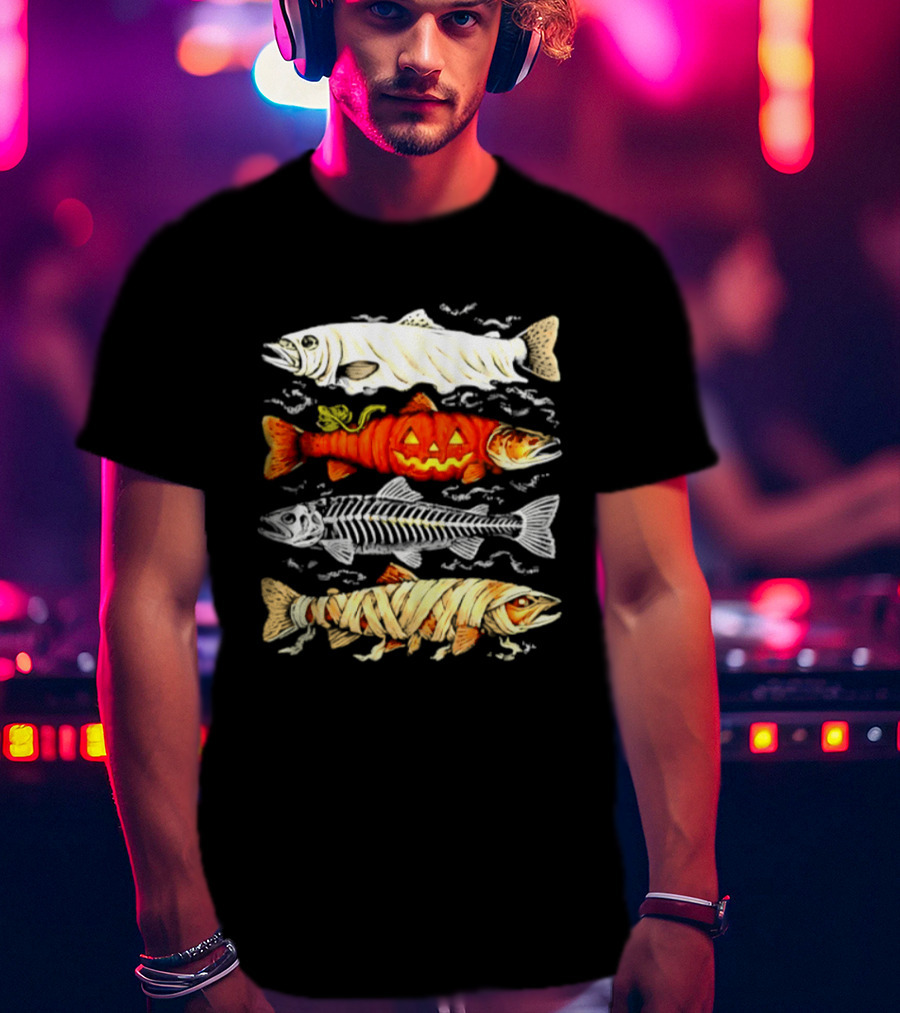 Halloween Pumpkin Mummy Fish Skeleton Trio T-Shirt