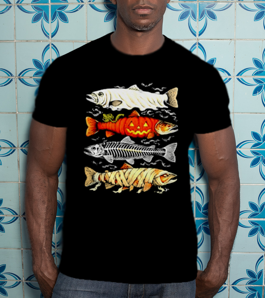 Halloween Pumpkin Mummy Fish Skeleton Trio T-Shirt
