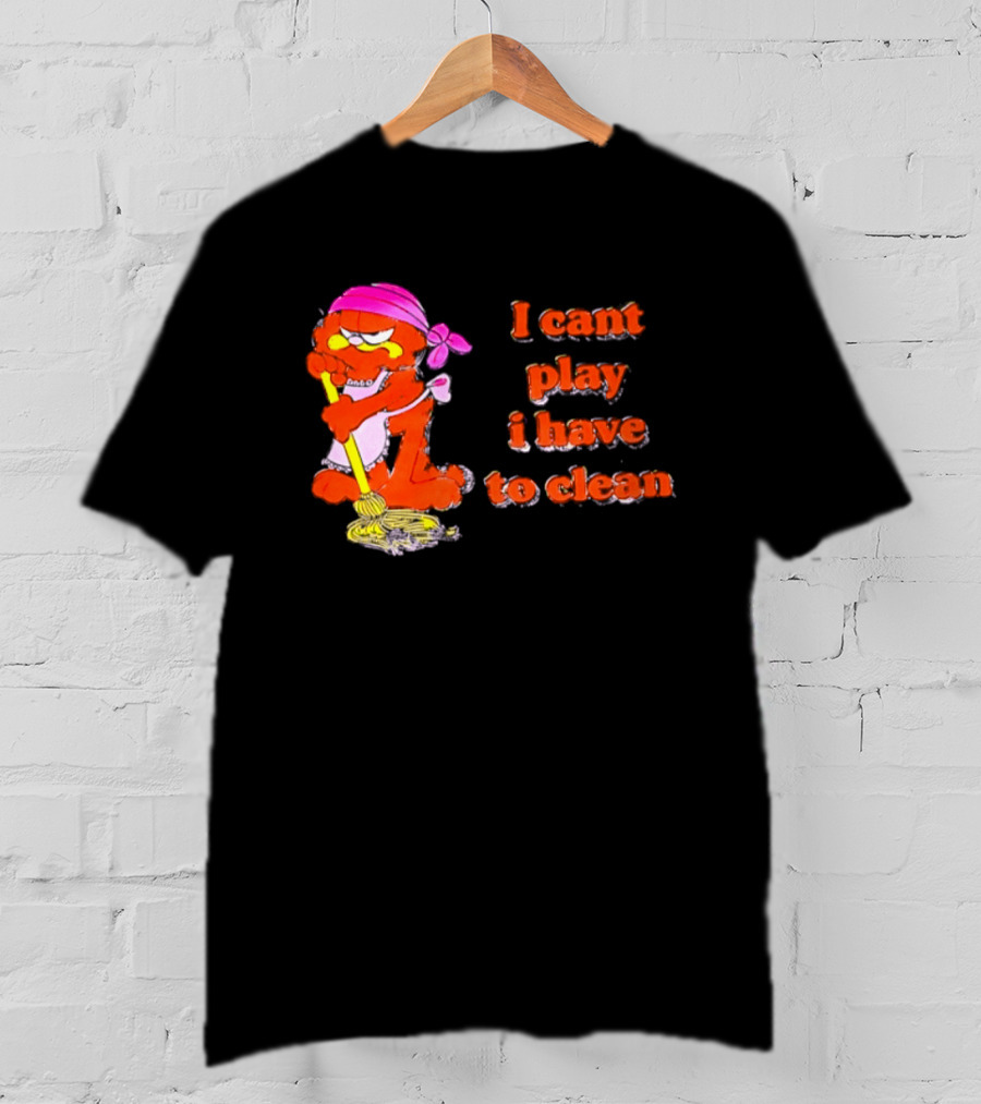Garfield I Can't Play I Have To Clean Comic Image With Mop And Bandana T-Shirt