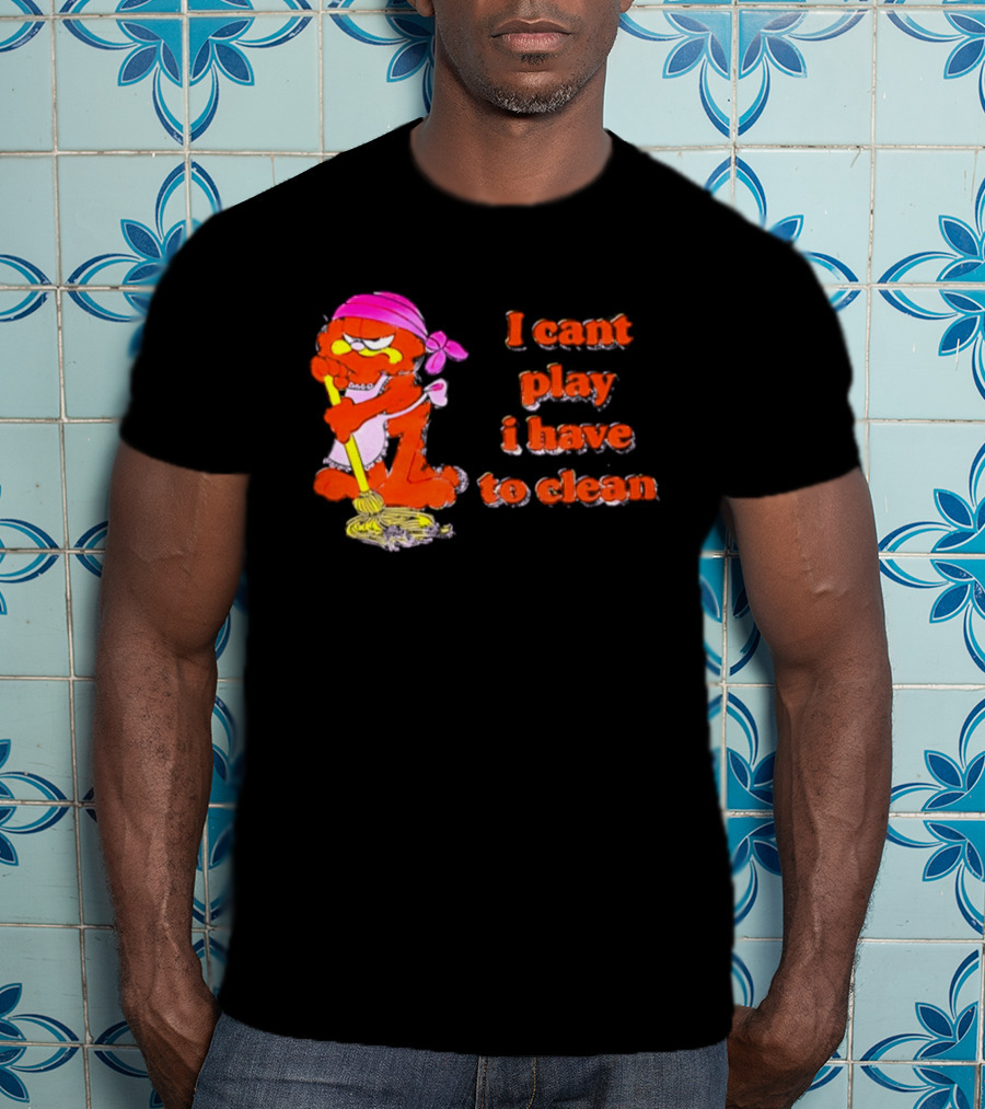 Garfield I Can't Play I Have To Clean Comic Image With Mop And Bandana T-Shirt