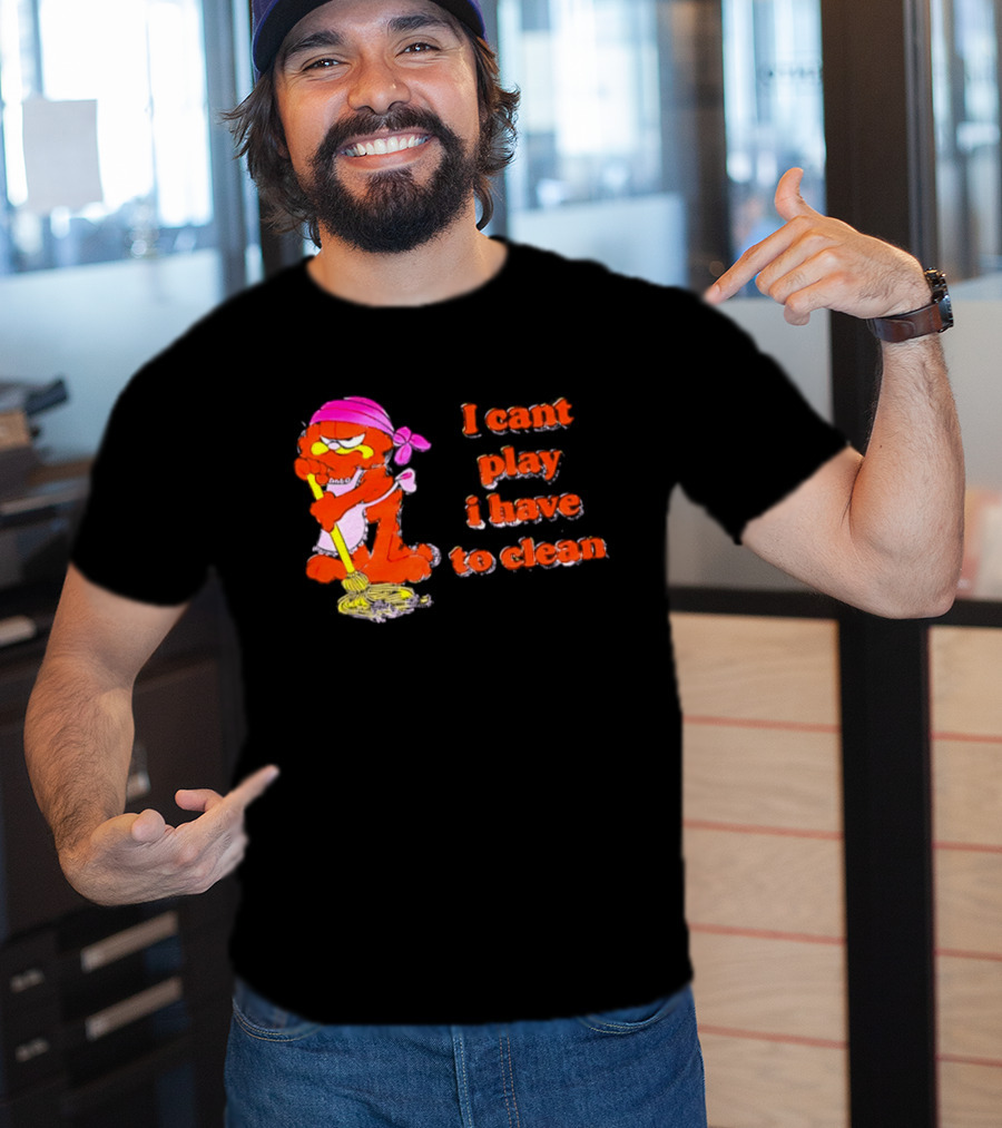 Garfield I Can't Play I Have To Clean Comic Image With Mop And Bandana T-Shirt