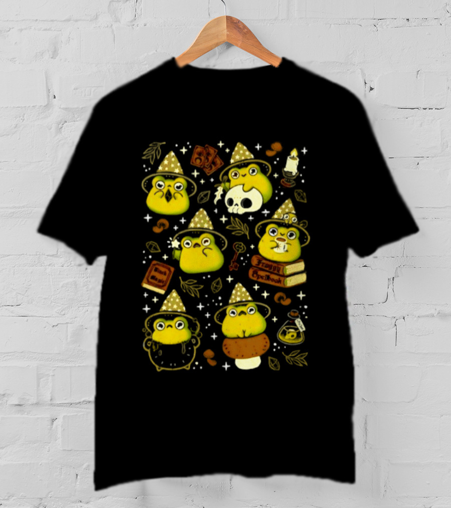 Witchy Froggy Spellbook Black Magic Poison Wizard Hat Mushrooms Potion Bottles T-Shirt