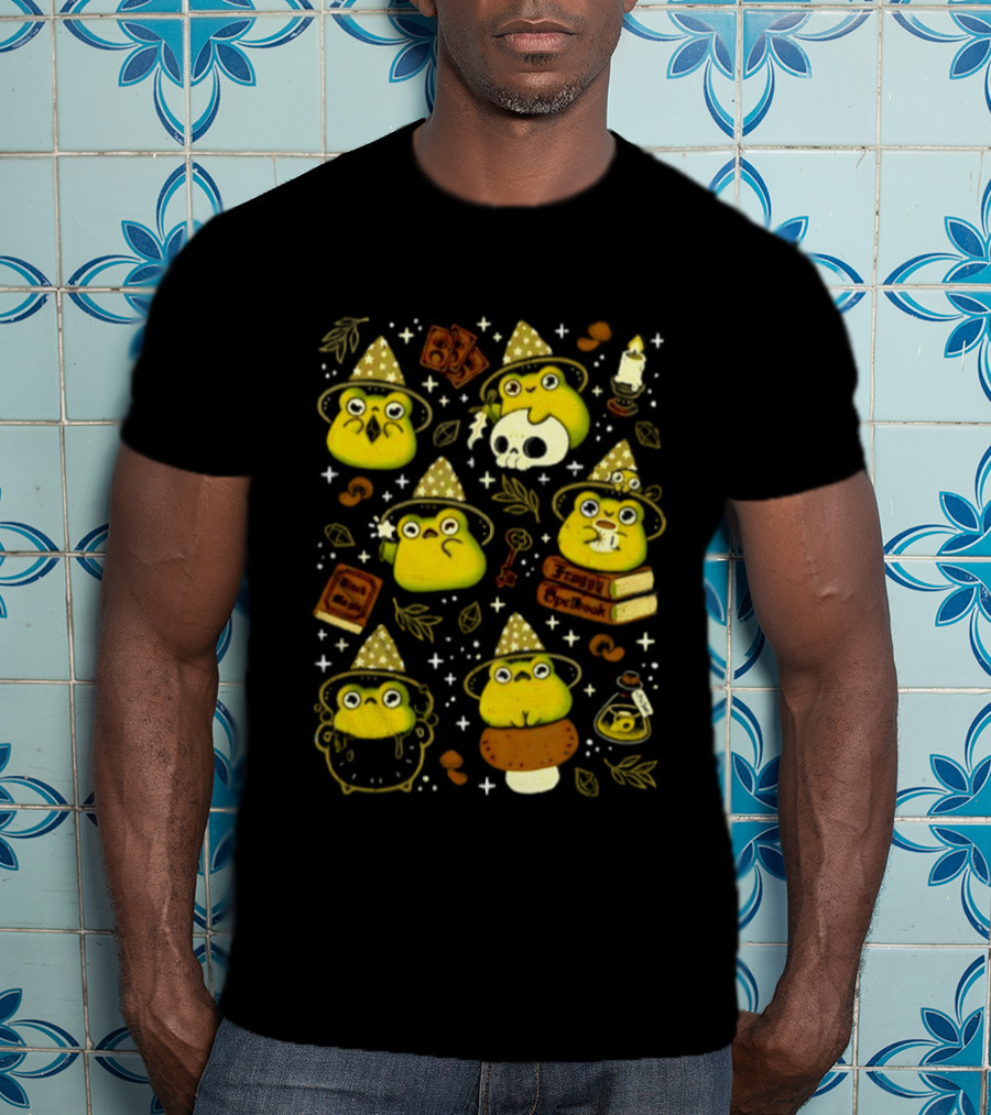 Witchy Froggy Spellbook Black Magic Poison Wizard Hat Mushrooms Potion Bottles T-Shirt