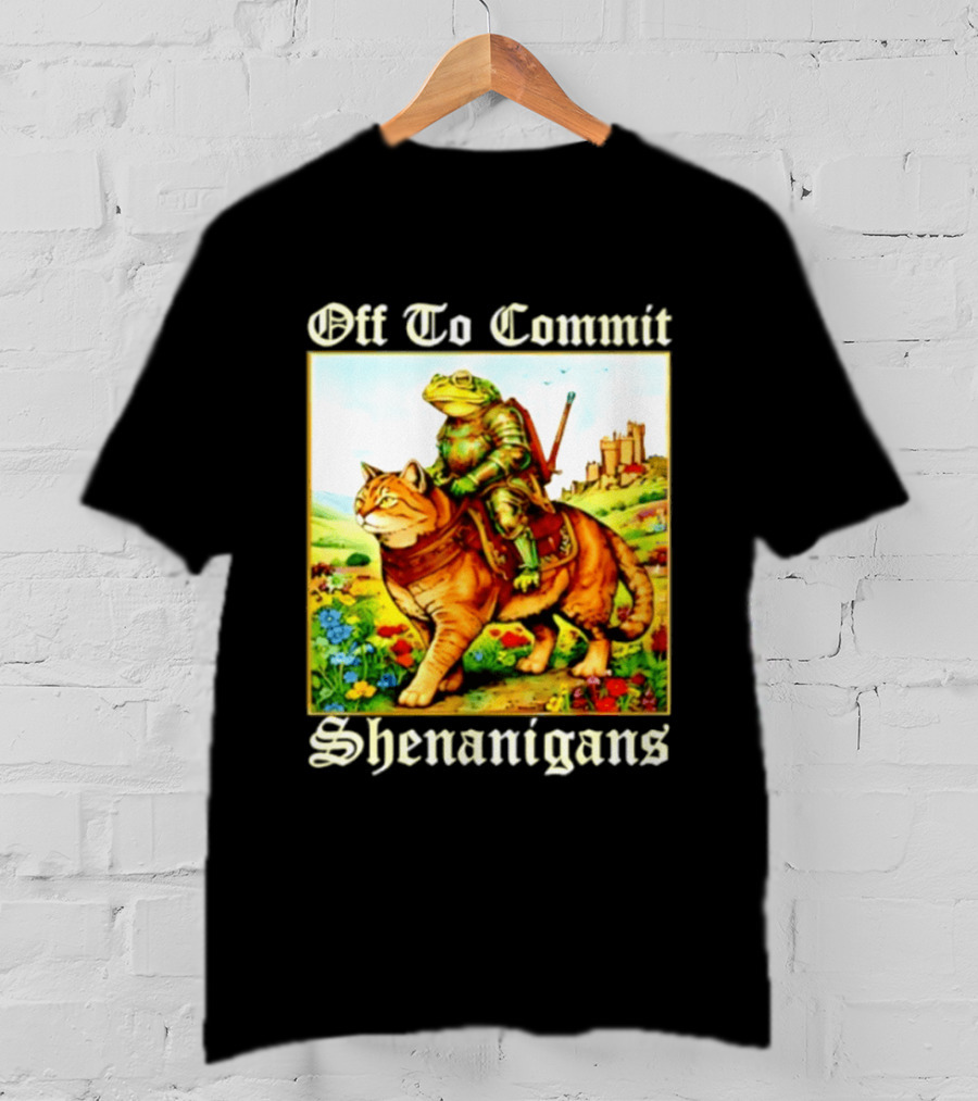 Off To Commit Shenanigans Frog Knight Riding Cat Medieval Adventure T-Shirt