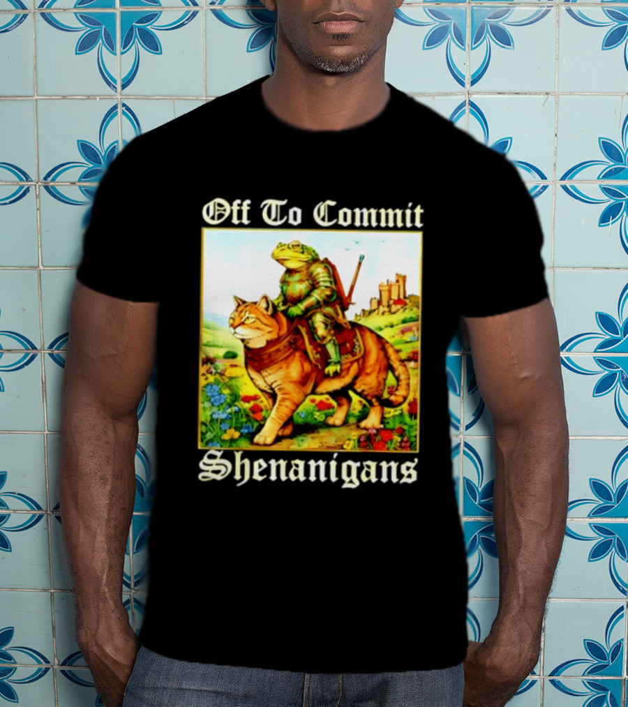 Off To Commit Shenanigans Frog Knight Riding Cat Medieval Adventure T-Shirt