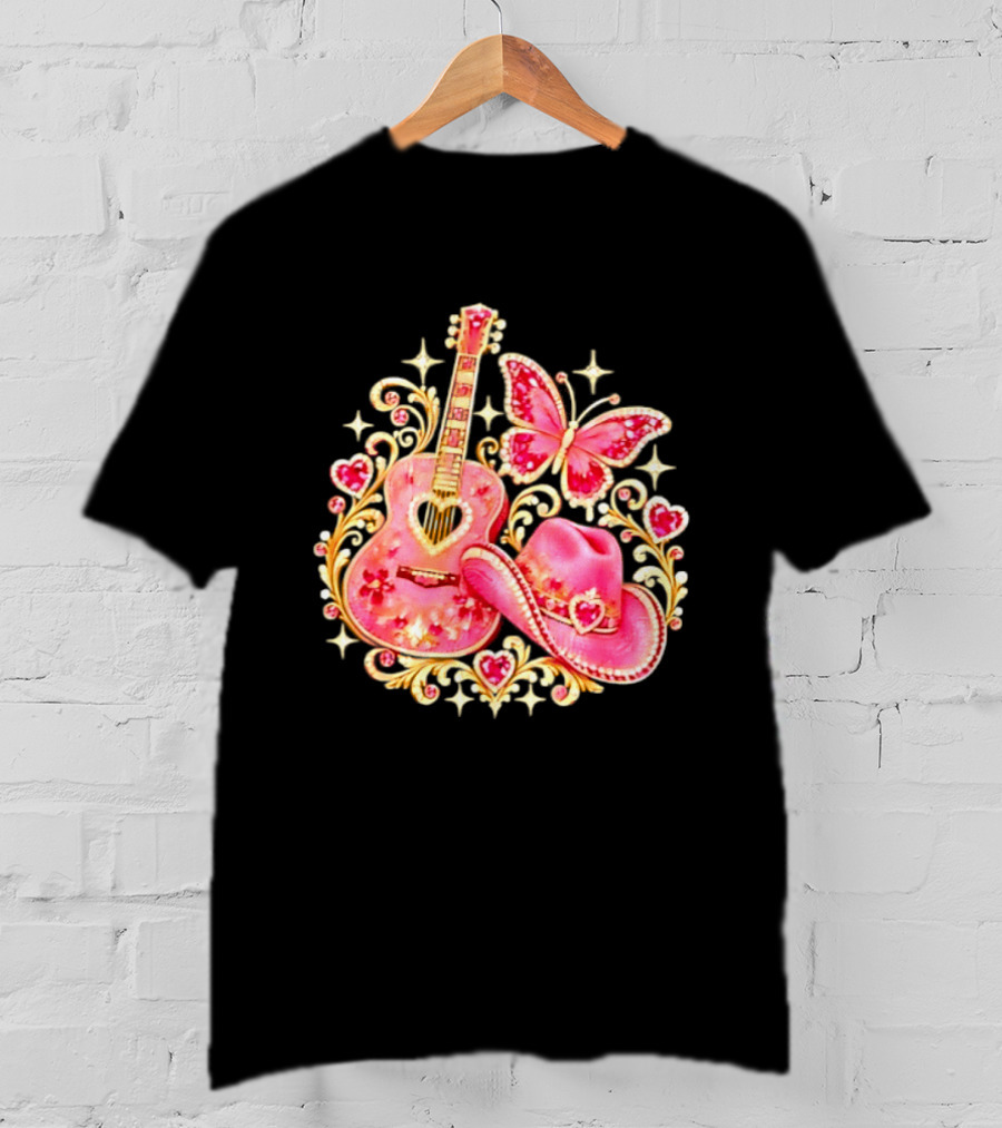 Pink Rhinestone Guitar Cowboy Hat Butterfly Hearts Sparkles T-Shirt