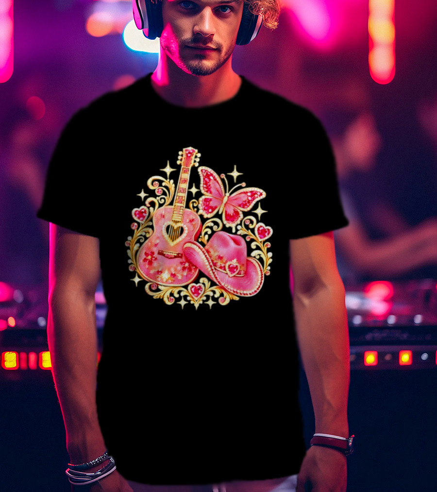 Pink Rhinestone Guitar Cowboy Hat Butterfly Hearts Sparkles T-Shirt