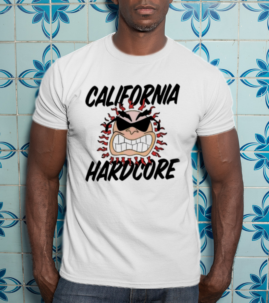California Hardcore Sun With Sunglasses And Fierce Flames T-Shirt