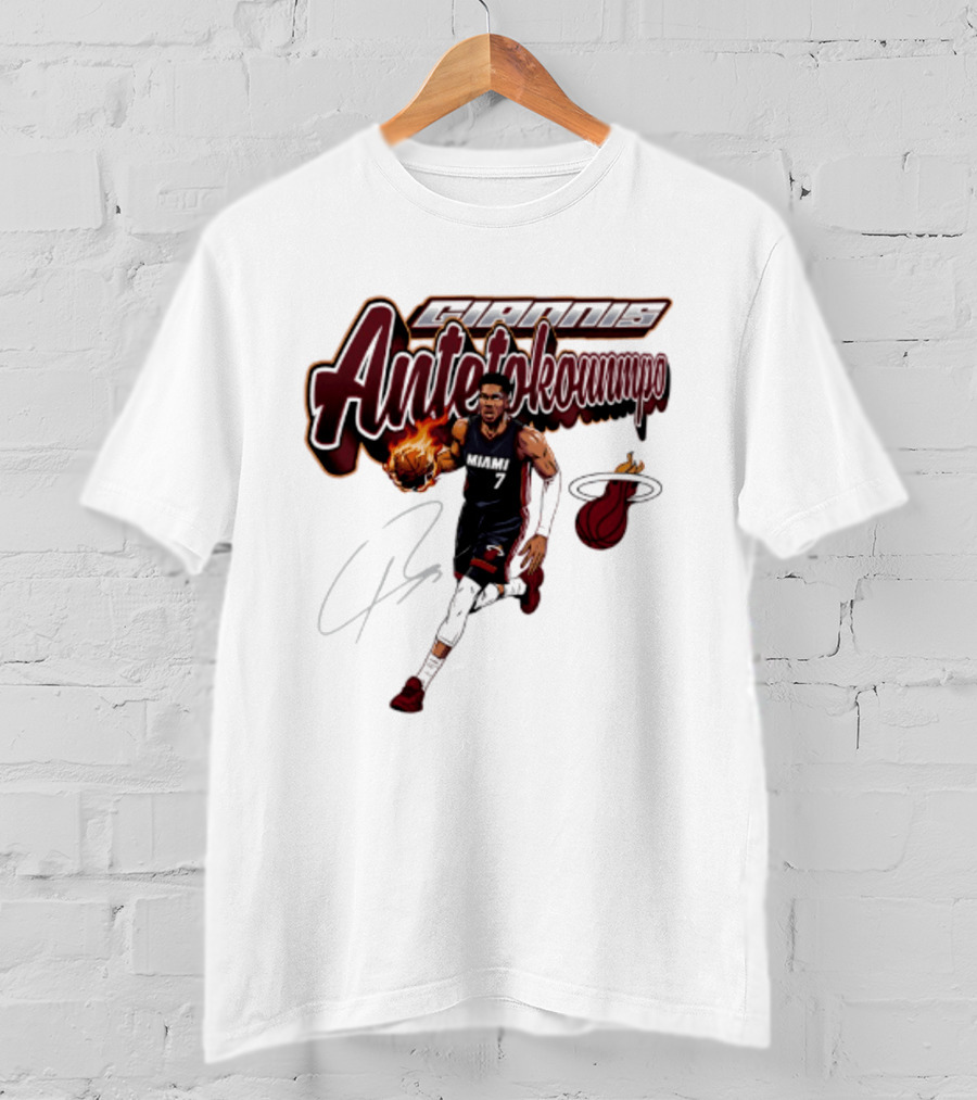 Giannis Antetokounmpo Miami Heat Basketball Cursive Script T-Shirt
