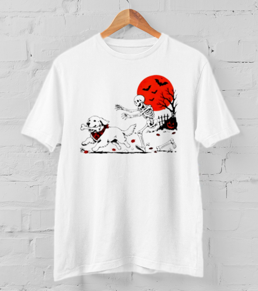 Golden Retriever And Skeleton Chase Under Red Moon With Bats And Pumpkin T-Shirt