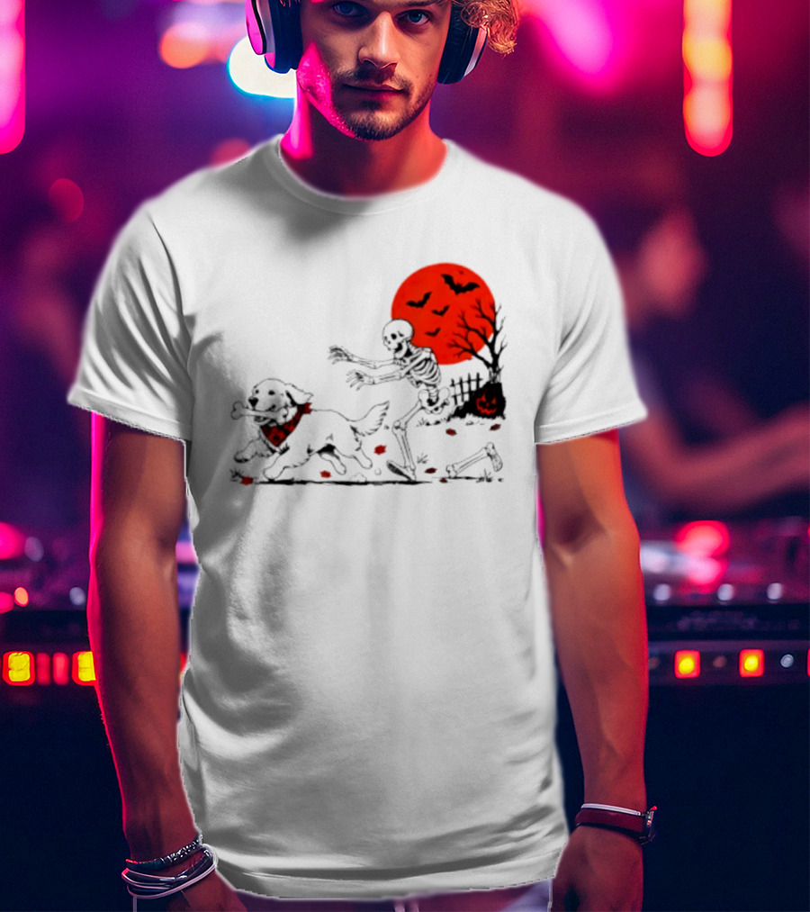 Golden Retriever And Skeleton Chase Under Red Moon With Bats And Pumpkin T-Shirt