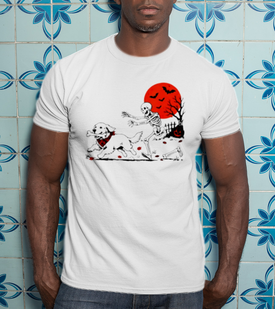 Golden Retriever And Skeleton Chase Under Red Moon With Bats And Pumpkin T-Shirt